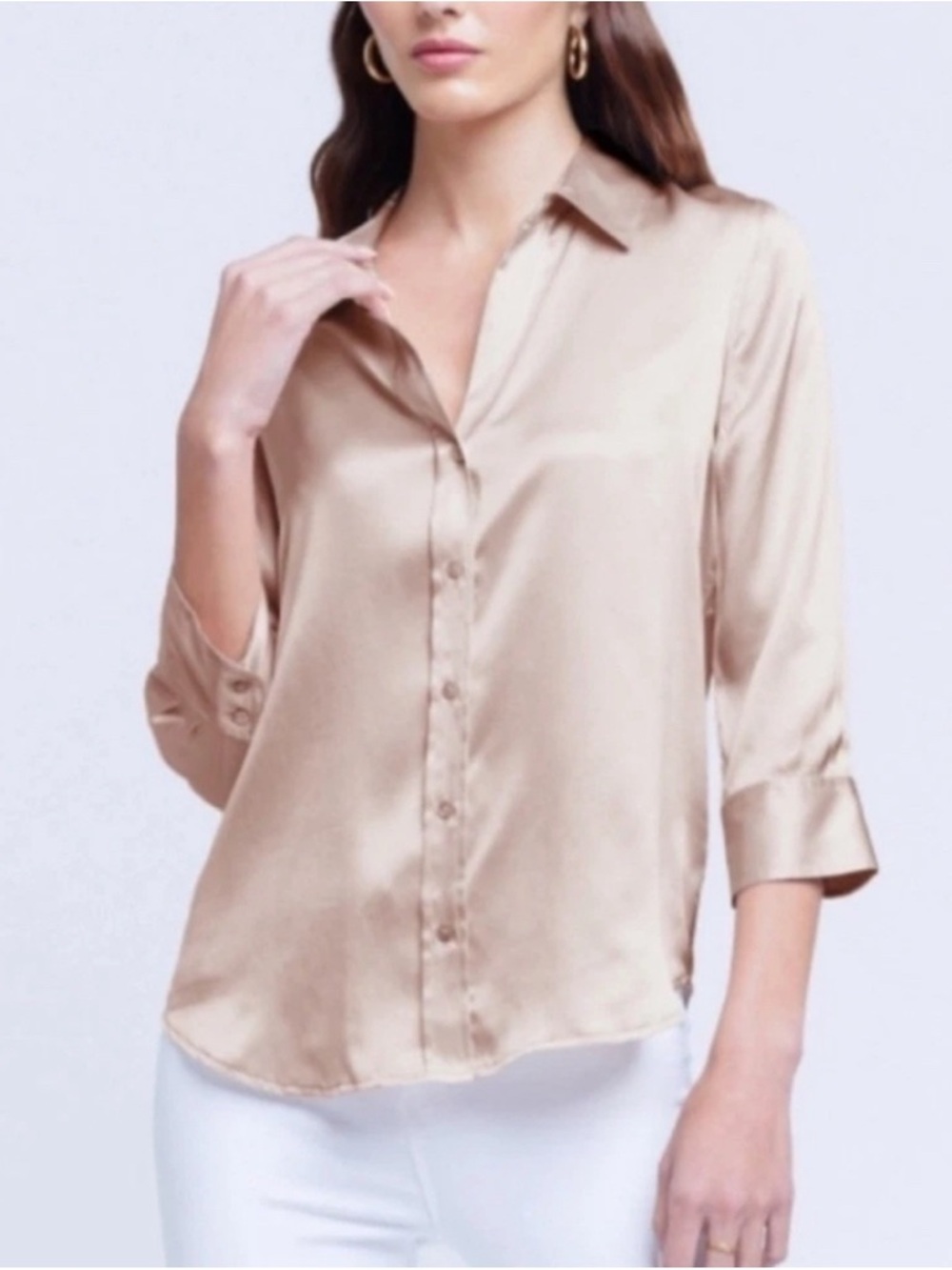 L'AGENCE Satin Button-Down Blouse in Champagne Beige
